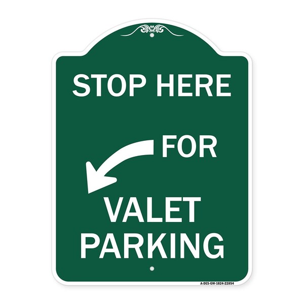 Signmission Stop Here for Valet Parking Left Arrow, Green & White Aluminum Sign, 18" x 24", GW-1824-22854 A-DES-GW-1824-22854 - main